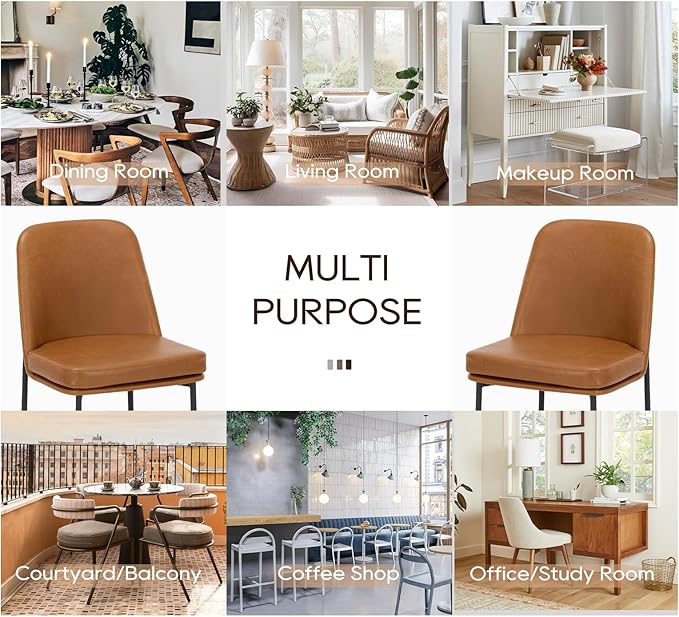 COLAMY Modern Dining Chairs Set of 2, Faux Leather Upholstered Dining Room Chairs Kitchen Chairs Dinner Chair with Curved Back and Metal Legs, Brown