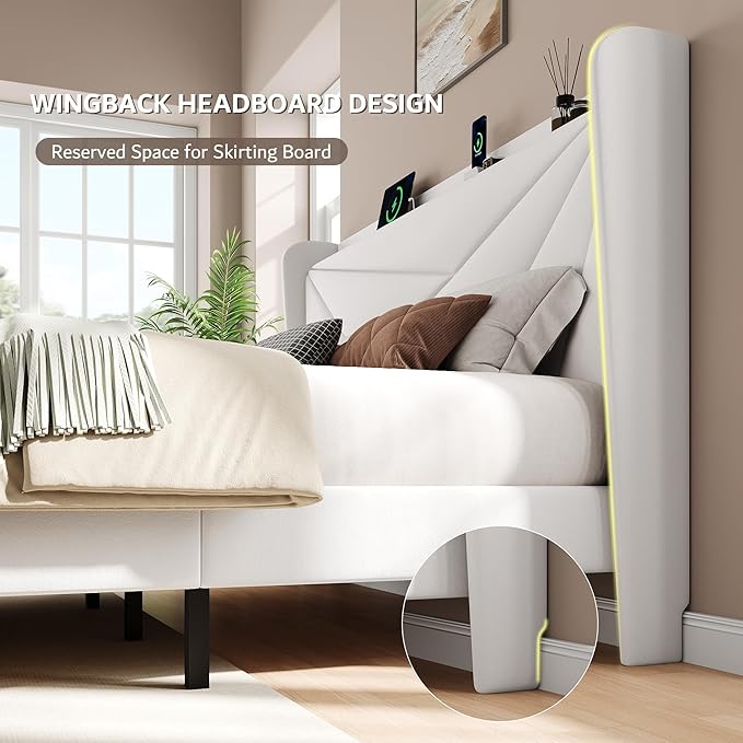 iPormis King Size Bed Frame with Charging Station, Velvet Platform Bed Frame with Wingback Headboard Upholstered Bedframe, Solid Wood Slats Support, No Box Spring Needed, Easy Assembly, White
