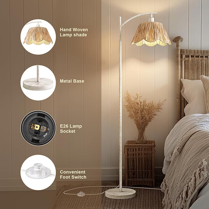 Oneach Farmhouse Floor Lamps for Living Room, Boho Floor Lamp for Bedroom with Foot Switch, Rattan Floor Lamp for Reading with Hand-Woven Shade, Antique White Metal Base & Pole