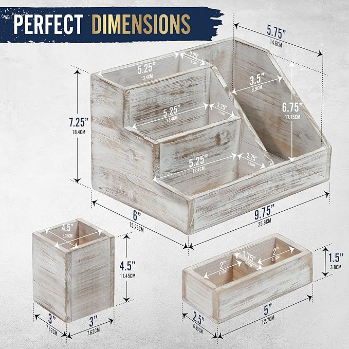HBCY Creations Rustic Wooden Desk Organizer Set, 3-Piece Whitewashed Mail Organizer for Desktop - Great for Rustic or Industrial Home Decor