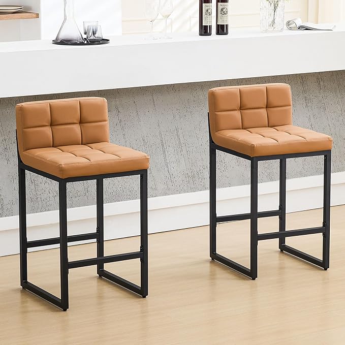 Counter Height Bar Stools Set of 2, Modern Faux Leather Counter Stools with Low Back and Footrest, Upholstered Bar Chairs for Kitchen Island, Bar, Counter (Caramel Brown, 2Pcs 26" Bar Stools)