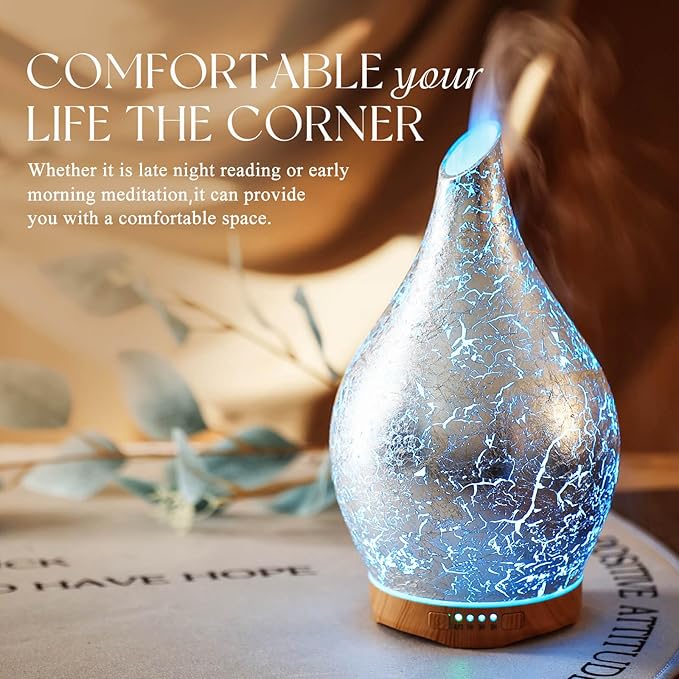 Porseme 280ml Essential Oil Diffuser, 3D Glass Aromatherapy Diffusor, Ultrasonic Cool Mist BPA Free Aroma Humidifier with Timer and Color Changing Function, Waterless Shut-Off for Home Office Room