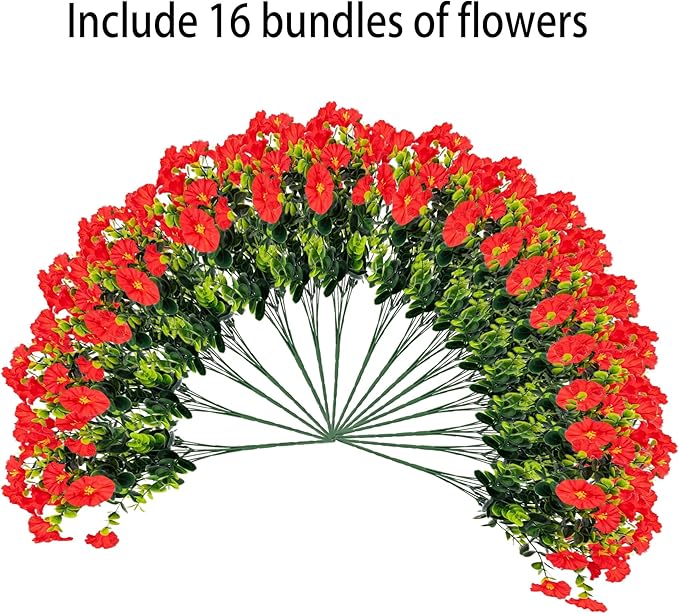 Artificial Outdoor Flowers 16 Bundles Fake Morning Glory Flower Outdoor UV Resistant Plastic Faux Flowers Plants for Decoration Indoor Outdoor Hanging Window Box Planter Home Porch Decor (Red)