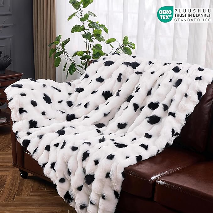 Faux Fur Throw Blanket for Couch, Fluffy Fuzzy Plush Bubble Blanket, Soft Warm Cozy Shaggy Rabbit Blanket, Luxury Decorative Gifts for Sofa Bedroom Living Room, 60x80inch (Cow Color)