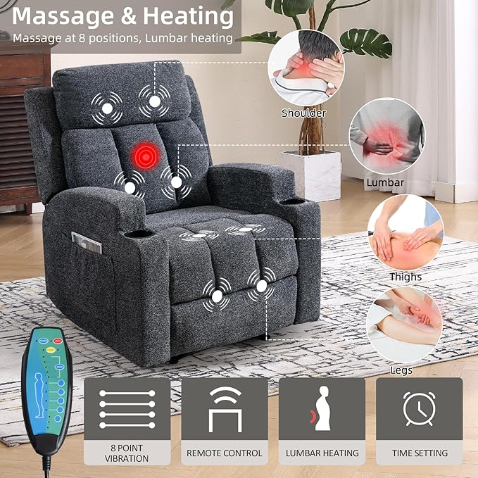 Phoenix Home Manual Recliner Chair Set of 2 with Massage and Heat, Ergonomic Overstuffed Breathable Fabric Recliner Single Sofa with 2 Cup Holders, Living Room Lounge Recliners on Clearance, Dark Gray