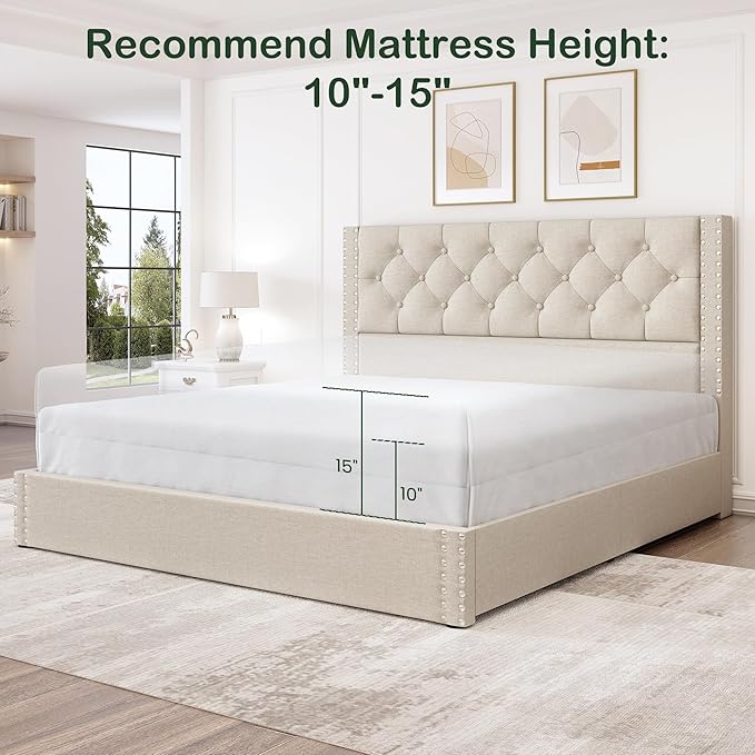 LARMACE Queen Size Bed Frame with 4 Storage Drawers and Tufted Headboard Linen Upholstered Platform Bed Frame with Heavy Duty Wood Slats, No Box Spring Needed, Easy Assembly, Beige