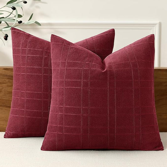 MIULEE Christmas Decorative Linen Check Throw Pillow Covers Neutral Farmhouse Vintage Pillow Covers 20x20 Set of 2 Boho Modern Home Decor for Sofa Couch Bedroom Cushion Burgundy