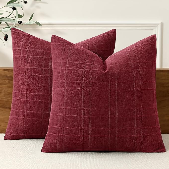 MIULEE Christmas Decorative Linen Check Throw Pillow Covers Neutral Farmhouse Vintage Pillow Covers 18x18 Set of 2 Boho Modern Home Decor for Sofa Couch Bedroom Cushion Burgundy