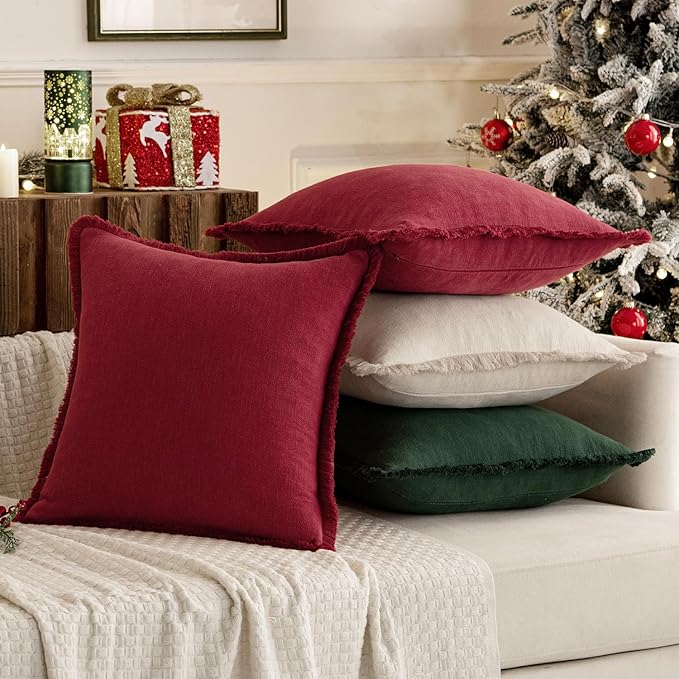 MIULEE Linen Pillow Covers 18x18 Inch Decorative Throw Pillows with Fringe Pack of 4 Soft Farmhouse Boho Couch Pillows Home Decors for Sofa Cushion Living Room Bed Dark Green and Burgundy