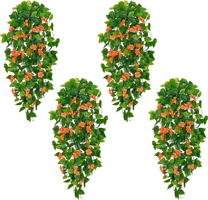 BLEUM CADE Artificial Hanging Flowers for Outdoors, 4pcs Fake Hanging Plants Pothos Vines with Orange Flowers for Wall Home Living Room Indoor Outdoor Fall Decor (No Baskets)