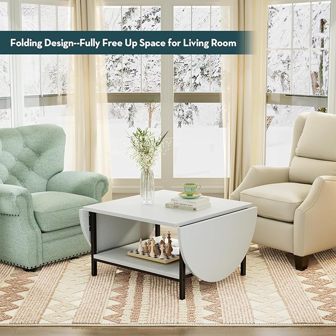 SAYGOER Modern Coffee Table White Extended Coffee Tables with Storage for Living Room 2-Tier Unique Center Table with Two Foldable Panel for Any Large or Small Space, All White