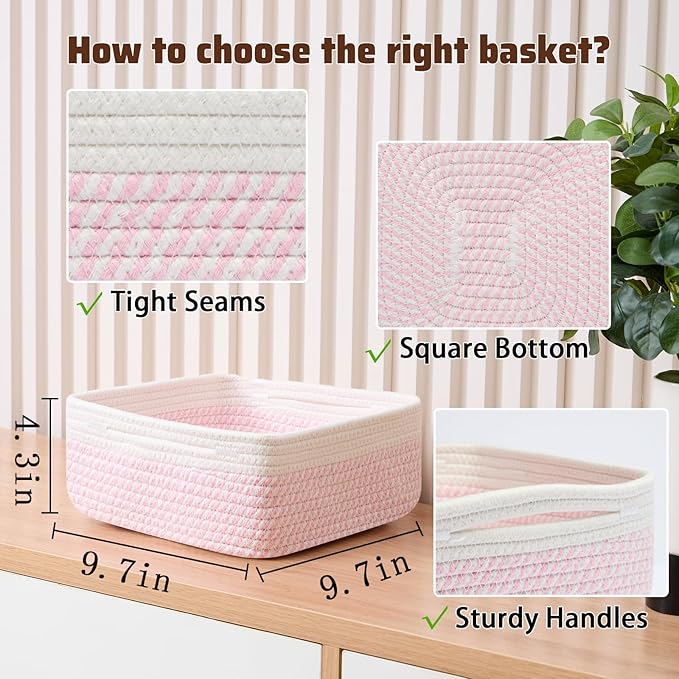Small Square Shallow Baskets for Organizing, 9.7x9.7x4.3 Inch Rope Woven Storage Bins for Cubes Closet, Shelves Storage, Boho Decorative Basket, 2 Packs Off White Pink