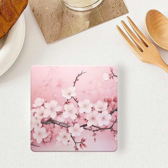 Ceramic Drinking Coasters Set of 4 Square Water Absorbent Blooming Pink Cherry Blossom Flowers Ceramic Coasters Tabletop Protection (Cork Base),Suitable for Various Mugs,Home Decor，4 Inch