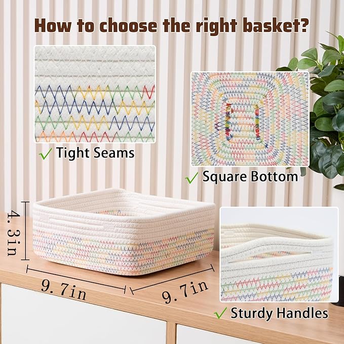 Small Square Shallow Baskets for Organizing, 9.7x9.7x4.3 Inch Rope Woven Storage Bins for Cubes Closet, Shelves Storage, Boho Decorative Basket, 2 Packs Off White Rainbow