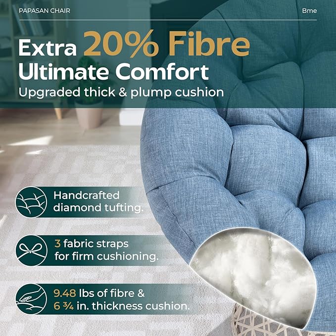 Bme 40" Ergonomic Wicker Papasan Chair with Soft Thick Cushion & Frame, 360° Swivel, Circle, Reading, Comfy Chair for Living Room, Bedroom