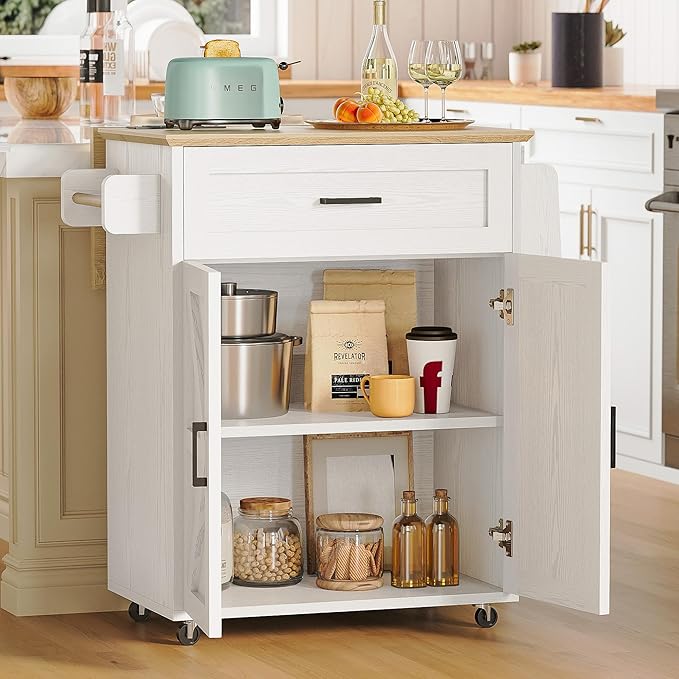 IRONCK Kitchen Island Table with Storage, Rolling Kitchen Cart with Power Outlet, Storage Cabinets on Wheels with Drop Leaf, Portable for Dining Room, White