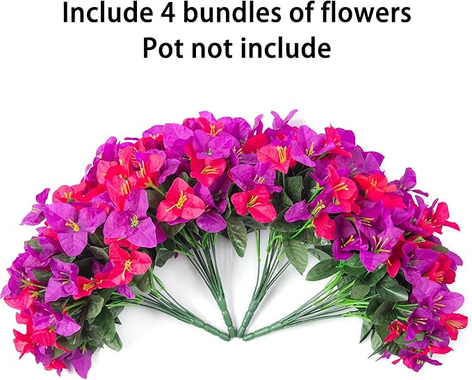 Ivydale Artificial Fake Flowers Faux Plants for Outdoors, 4 Bundles Fake Silk Bougainvillea Flower Look Real UV Resistant Flowers for Planter Patio Porch Window Yard Balcony Home Decor(PurpleHotpink)