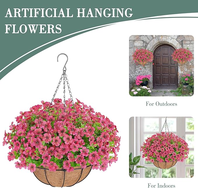 AGIRL Artificial Flowers Hanging Plants in Basket,Artificial Hanging Flowers for Outdoor Indoor Decor,UV Resistant Hanging Baskets with Fake Flowers for Patio Garden Porch Deck Decoration