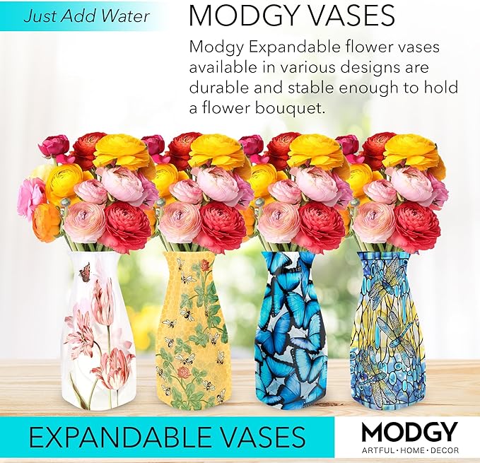 MODGY Expandable Flower Vase Set, Plastic Decorative Modern Foldable Printed Vases for Centerpieces for Wedding, Dining Table, Home Decor, Living Room, Bathroom, Office, Jacob Marrell Tulips, 4 Pack