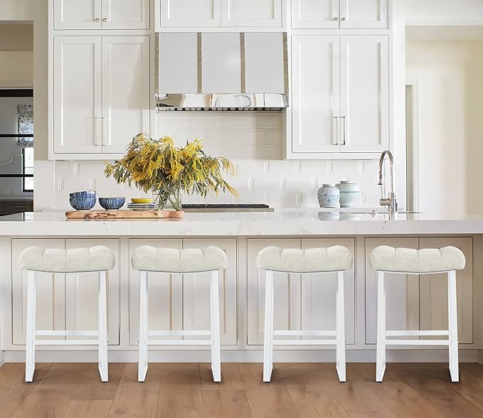 White & Beige Counter Height Bar Stools Set of 4 for Kitchen Counter Modern Backless Barstools with Upholstered Faux Leather Seat and Metal Frame Industrial 24 inch Bar Chairs
