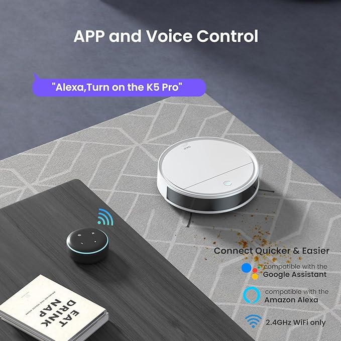 OKP K5 Pro Robot Vacuum and Mop, 3 in 1 Mopping Robotic Vacuum with 5000Pa Suction Power, 180 Mins Runtime, Quiet Design, Wi-Fi/APP/Alexa/Remote Control, Good for Hard Floors and Pet Hair Pick Up