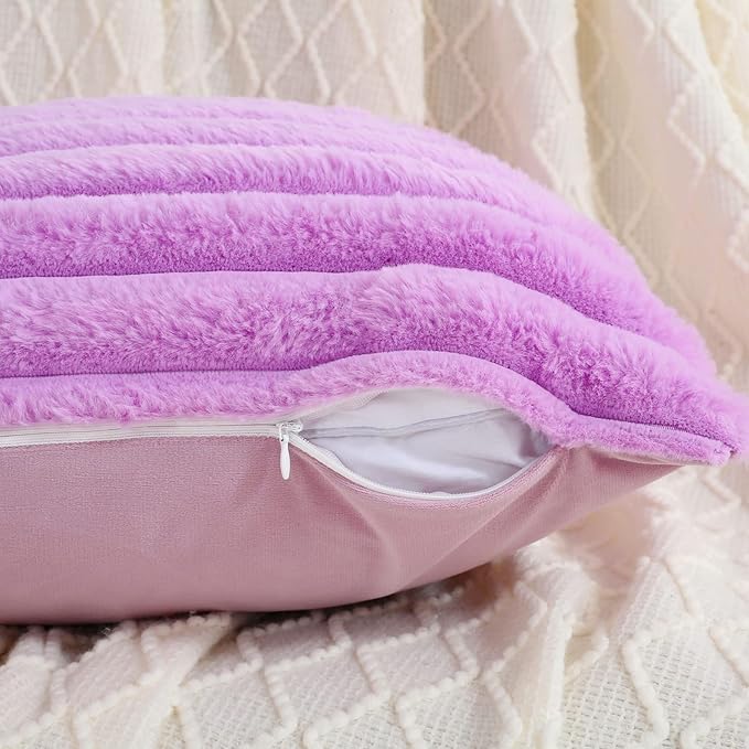 FUTEI Purple Striped Decorative Throw Pillow Covers 24x24 Inch Set of 2,Square Fall Decorations Couch Euro Pillow Case,Soft Cozy Faux Rabbit Fur & Velvet Back,Modern Home Decor for Bed