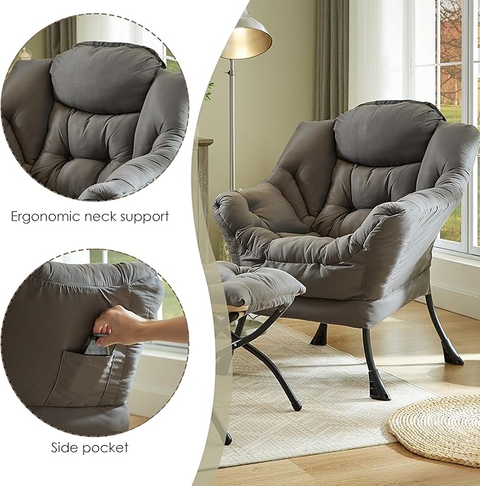 HollyHOME Fabric Lazy Chair with Foldable Ottoman, Accent Comfy Lounge Arm Chair and Folding Footrest Stool Set, Leisure Sofa Reading Chair and Footstool for Living Room, Bedroom, Dorm, Dark Grey