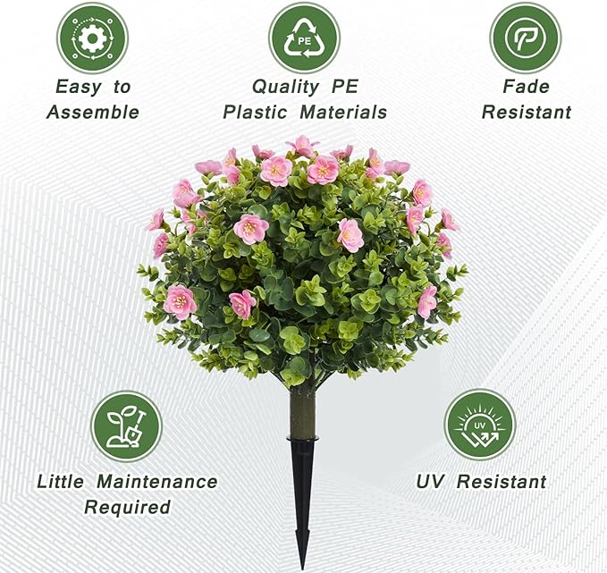 20" Artificial Camellia Topiary Ball Tree with Spike, Artificial Boxwood Shrubs Fake Bushes Set of 2, Faux Floral Flower Plant for Porch, Artificial Plants for Outdoor Indoor UV Resistant