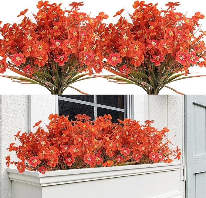 RECUTMS 8 Bundles Artificial Flowers Outdoor Faux Grasses for Outdoor Planter UV Resistant Fall Fake Plants Greenery Stems Faux Flowers Shrubs for Home Weddings Garden Office Indoor Decor(Orange)