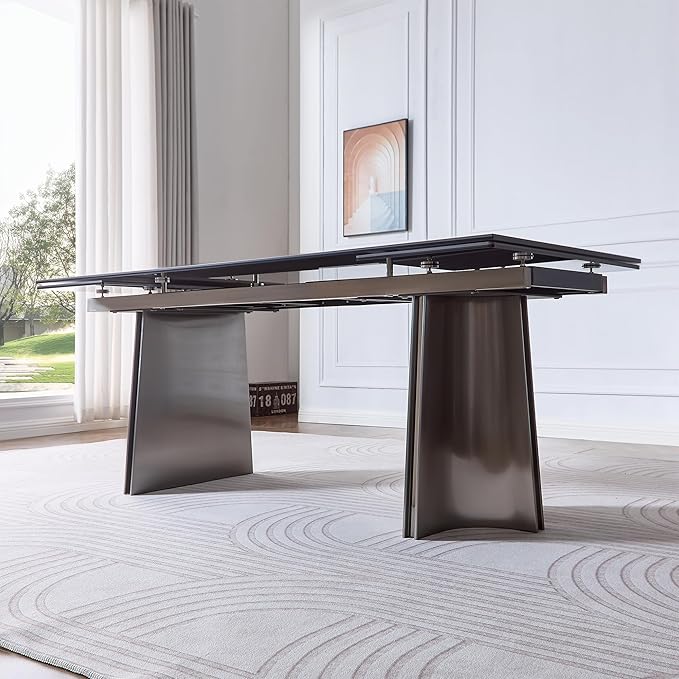 Extendable Dining Table for 8-12 Seat, Flexible Stretch, Tabletop Made from Rock Plate and Tempered Glass, Stable Stainless Steel Brushed Table Legs, 35.4"D x 106.3"W x 30.7"H, Pure Black