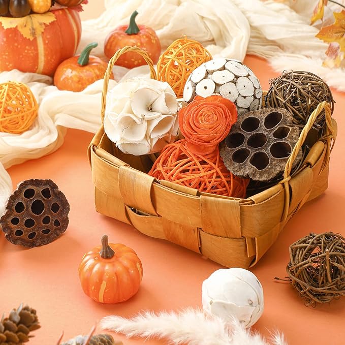 Riceshoot 2 Pack Decorative Balls Potpourri Bowl Filler Decor Natural Vase Bowl Filler Assorted Spherical Rattan Twigs Wicker Balls Cotton for Home Centerpiece(Orange)
