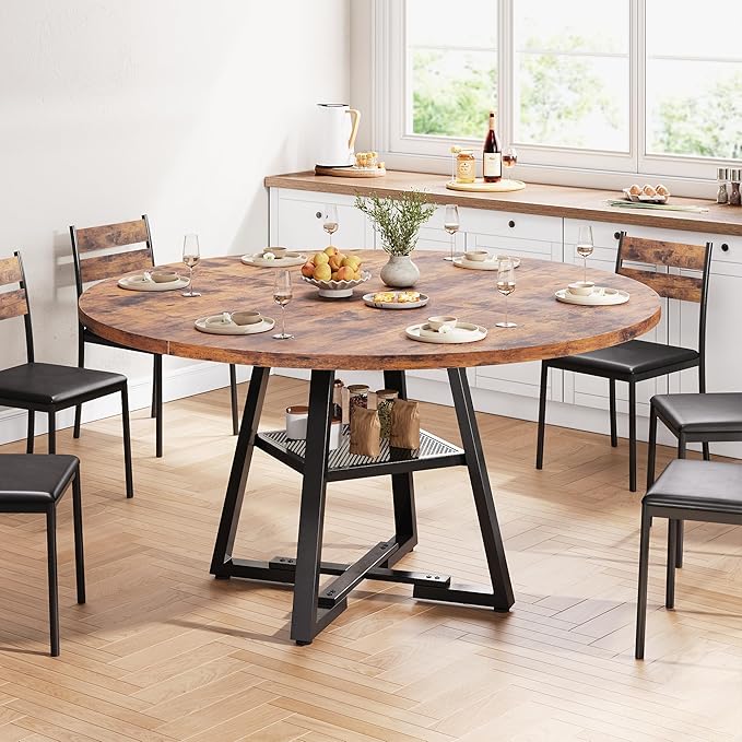 51'' Round Dining Table for 6,Kitchen Dining Room Circle Dinner Pedestal Table,Space Saving Wood Kitchen & Dining Room Furniture (Vintage, 51In)