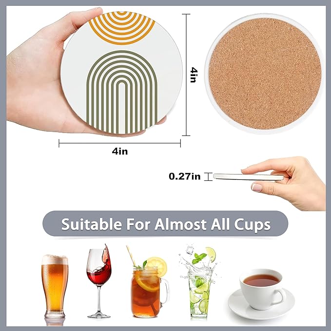 6 Pcs Coasters for Drinks with Holder,Minimalist Geometric Boho Absorbent Coaster with Cork Backing,Great Gift for Housewarming,Room Decor,Bar,Holiday Party