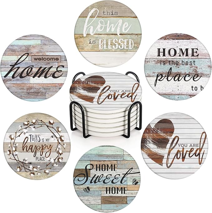 Britimes Coaster for Drinks Set of 6, Worn Wood Absorbent Round Ceramic Stone Mat, with Cork Base and Metal Holder, Gift for Housewarming Room Bar Decor