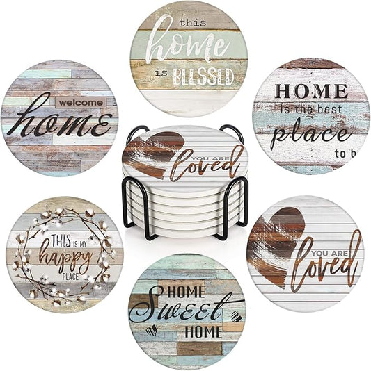 Britimes Coaster for Drinks Set of 6, Worn Wood Absorbent Round Ceramic Stone Mat, with Cork Base and Metal Holder, Gift for Housewarming Room Bar Decor