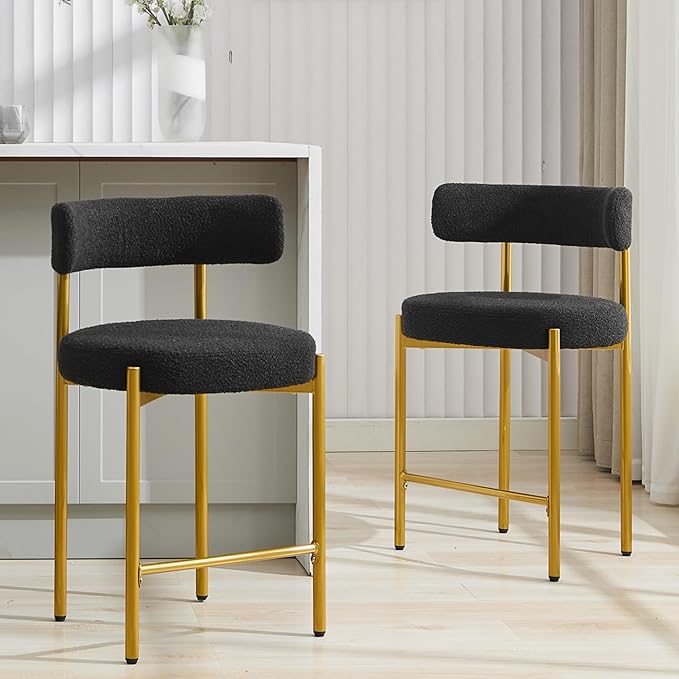 24'' Boucle Bar Stools Set of 2, Black Bar Stools with Backs, Counter Height Bar Height Stools for Kitchen Island, Upholstered Bar Chairs with Gold Legs