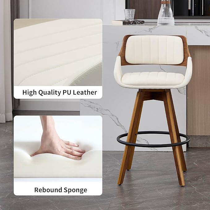 Swivel Bar Stools Set of 2, Walnut Counter Height Bar Stools with Back and Arms, 26" Modern Faux Leather Upholstered Bar Chairs for Kitchen Island Bar-Beige
