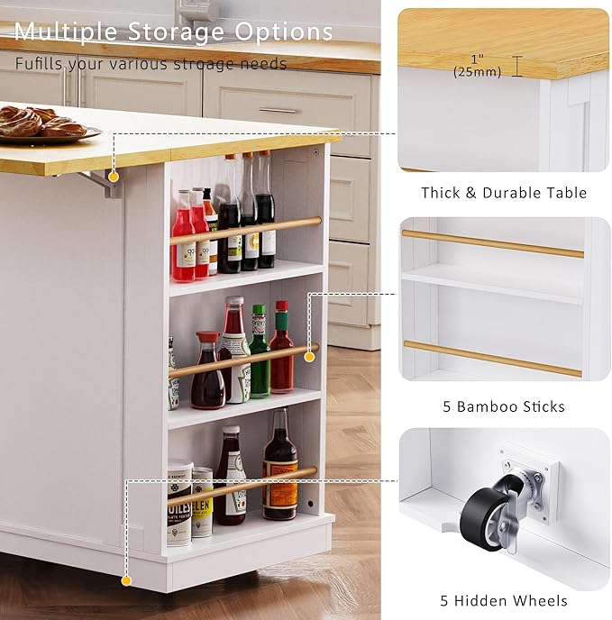 Merax 53" Kitchen Cart Island on Wheels with Power Outlet,Drop Leaf,3 Drawers and 5 Open Side Racks,Wood Storage Cabinet