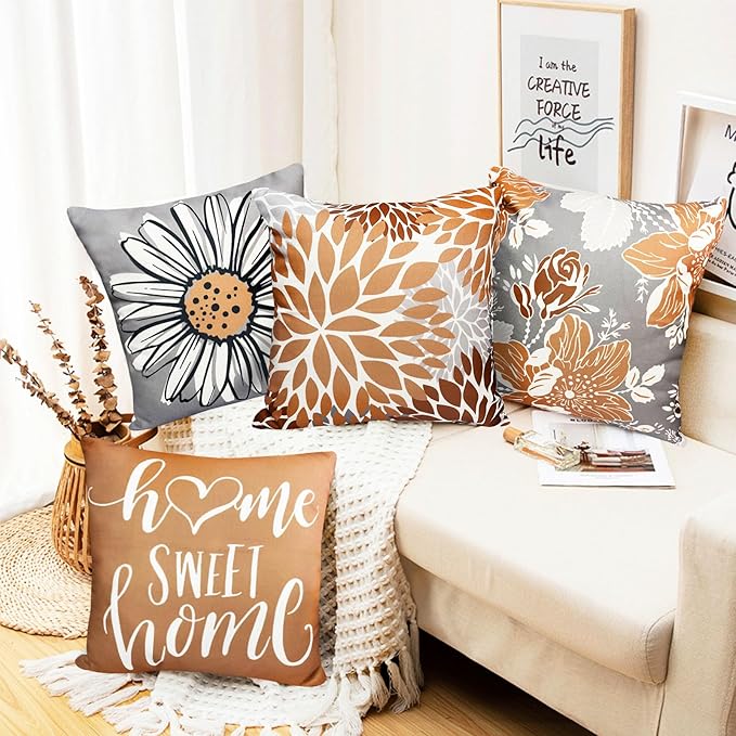 Decorative Throw Pillow Covers Set of 4 Coffee Pillow Covers 22x22 inch Throw Pillow Cases Linen Square Pillow Case,Farmhouse Outdoor Modern Boho Pillow Covers for Couch Sofa Living Room