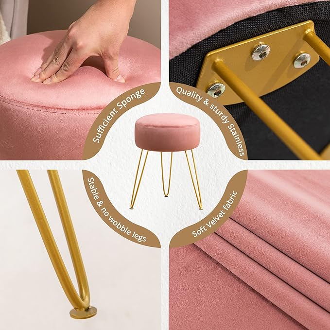 LUE BONA Vanity Stool, Pink Vanity Stools for Makeup Room, Round Ottoman Foot Stool, Velvet Footrest Vanity Chair for Bathroom Vanity, Bedroom, Living Room, Entryway, Offices