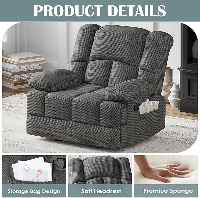 Oversized Rocker Recliner Chair, Wide Rocker Chair with Adjustable Backrest Footrest, Oversized Recliner for Adults, Reclining Sofa for Living Room, Grey