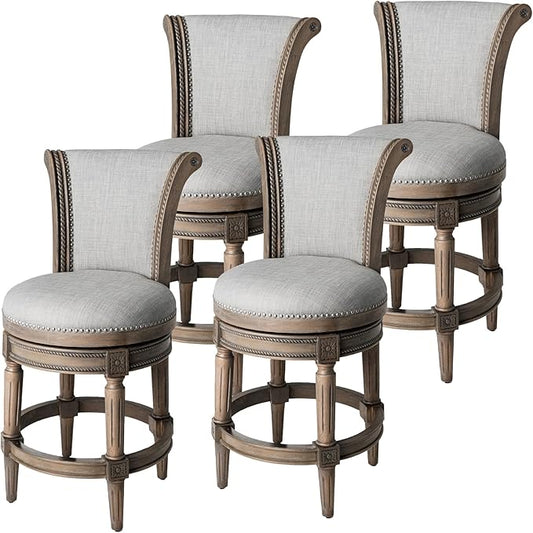 Maven Lane Pullman Counter Stool 26 Inches – Set of 4 – Swivel Stools with Footrest – Grey Solid Wood Frame & Grey Fabric Upholstery – Perfect for Kitchen Islands & Counters