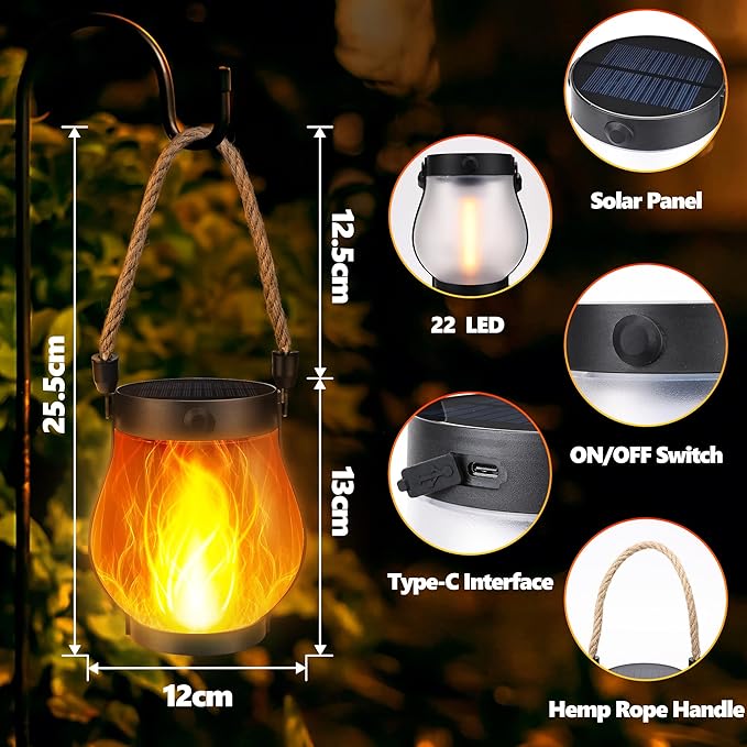 Solar Flame Lantern Hanging Outdoor Waterproof Purple - 2 Pack Flame Lanterns with Dual Charging Modes of Solar & USB for Garden or Yard Christmas Decorations (Warm White - 2 Pack)