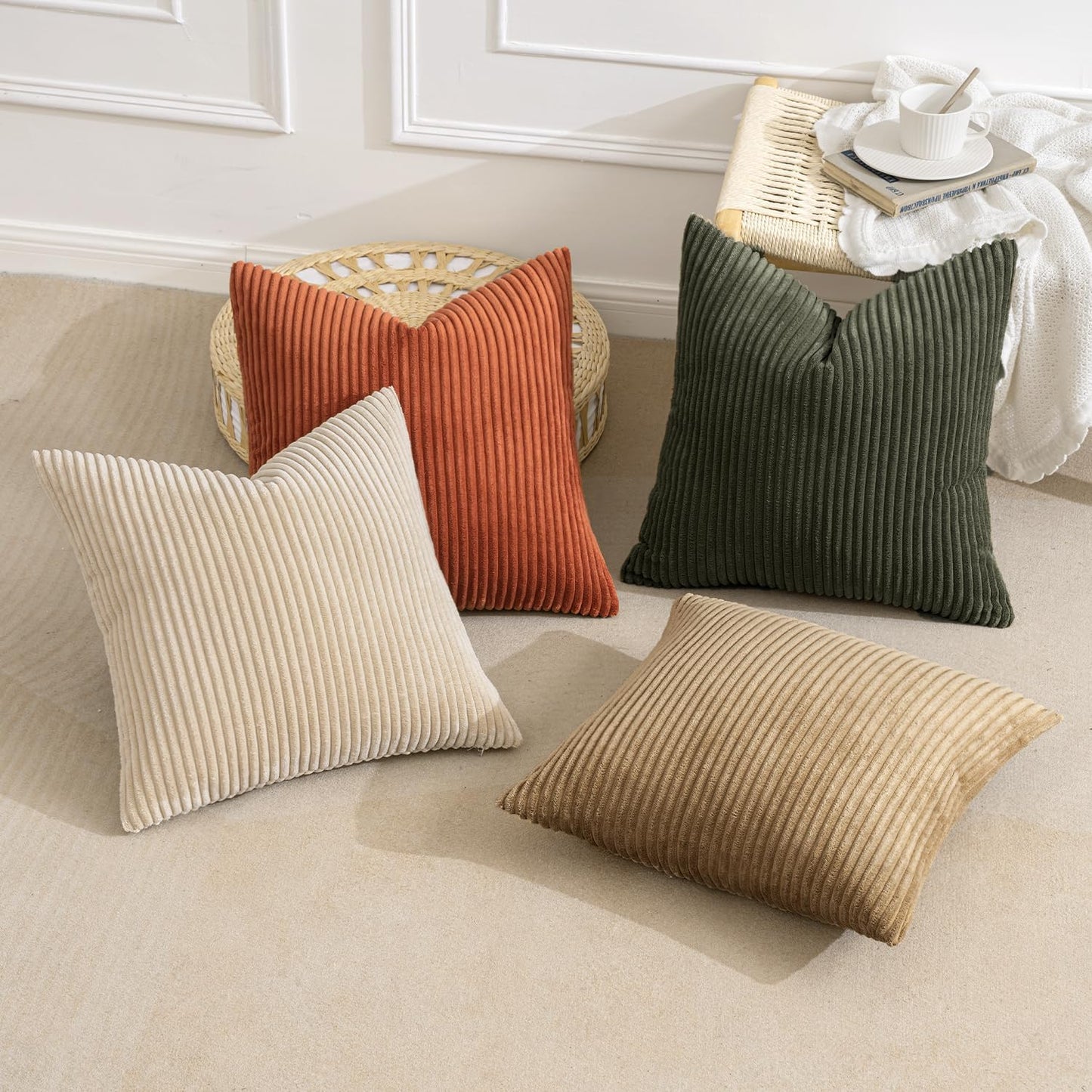 MIULEE Boho Farmhouse Throw Pillow Covers 20x20 Inch Set of 4 Western Modern Decorative Cushion Covers Soft Corduroy Home Decor for Couch Bed Sofa Living Room Rust-Olive Green Gradient Series