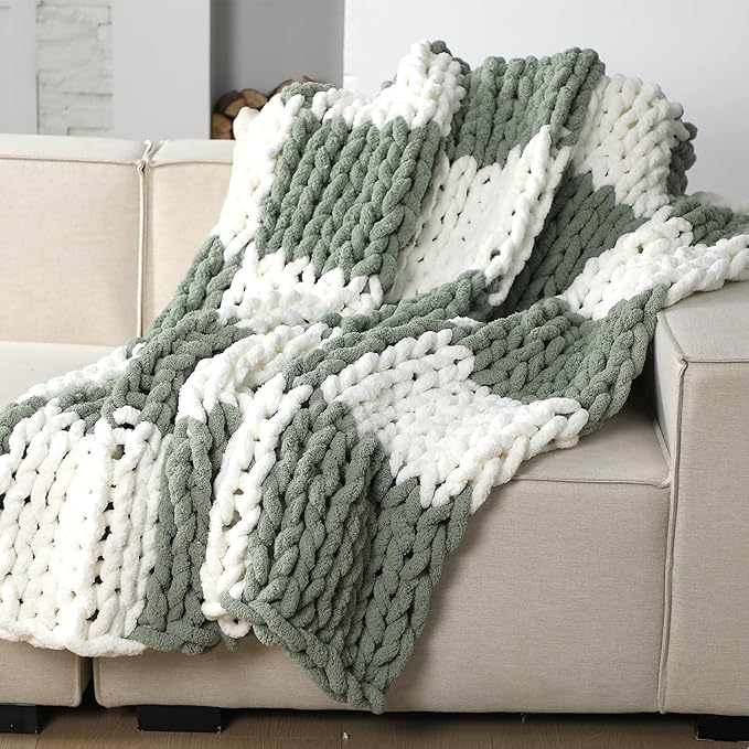 Tudomro Checkered Chunky Knit Throw Blanket for Couch 50 x 60 Inches Neutral Modern Decor 100% Hand Knitted Cozy Soft Large Rope Knot Crochet Blankets for Sofa Bed Living Room (Ivory and Sage Green)