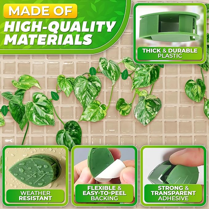 Plant Wall Clips - 60Pcs Money Plant Clips for Wall with 72Pcs Adhesive Stickers for Indoor Decoration, Invisible Design, Thick & Durable Plastic, Easy Installation for Vines & Cables Organization