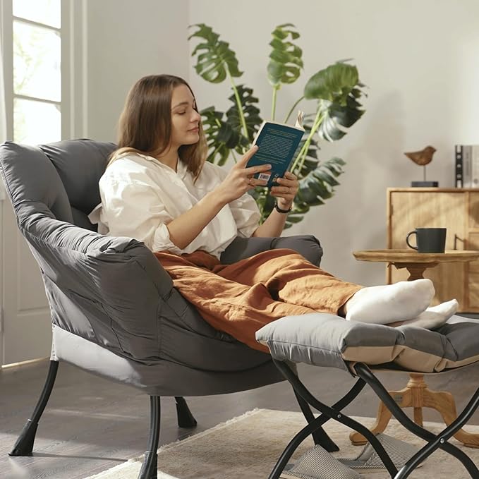 HollyHOME Fabric Lazy Chair with Foldable Ottoman, Accent Comfy Lounge Arm Chair and Folding Footrest Stool Set, Leisure Sofa Reading Chair and Footstool for Living Room, Bedroom, Dorm, Dark Grey