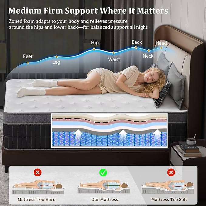 Twin Size Mattress in a Box 14 Inch Memory Foam Hybrid Mattress with Pocketed Springs Medium Firm Support Motion Isolation Edge Support 180 Night Trial