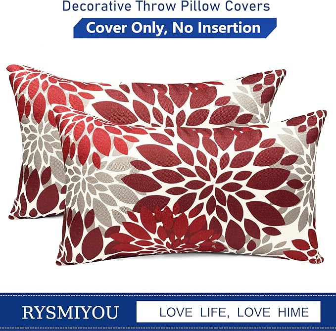 Decorative Throw Pillow Covers Set of 2 Wine Red Pillow Covers 12x20 Inch Couch Pillow Covers for Sofa Living Room Outdoor Throw Pillow Cover Linen Floral Flower Farmhouse Pillowcase