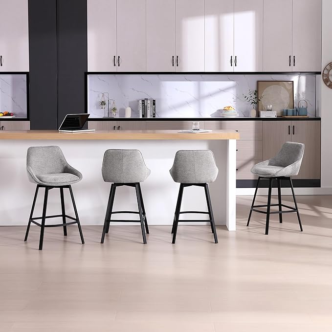 Zesthouse Swivel Bar Stools Set of 2, Modern Counter Height Barstools with Backs, 26'' Upholstered Linen Fabric High Chairs for Island Kitchen, Counter Height Chairs with Metal Legs, Grey
